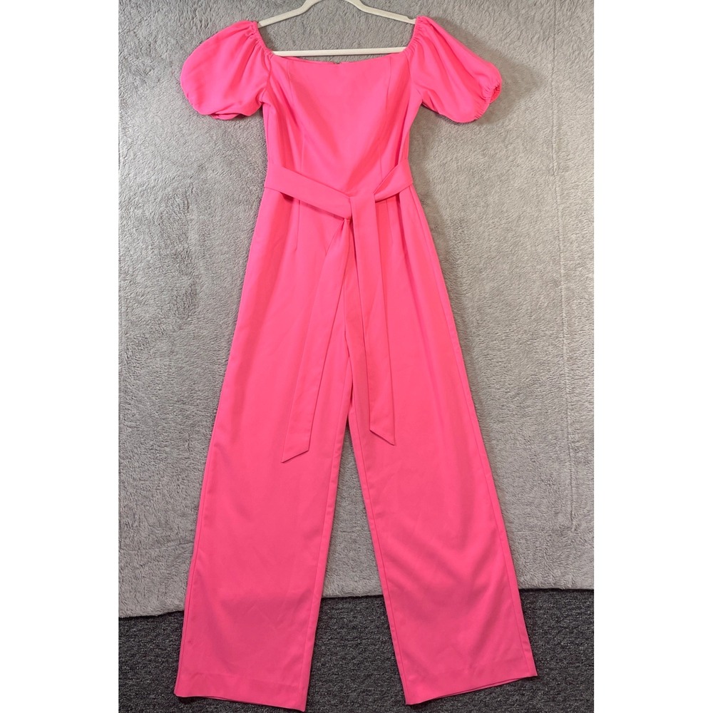 Lilly Pulitzer Sz‎ 4 Pink Off-The-Shoulder Puff Sleeve Wide Leg Jumpsuit - Picture 11 of 11